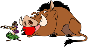 Timon dancing the hula as Pumbaa poses with an apple in his mouth