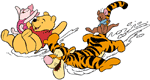 Pooh, Piglet, Tigger, Roo sliding in snow