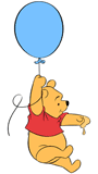 Winnie the Pooh with honey on his hand, floating from a blue balloon