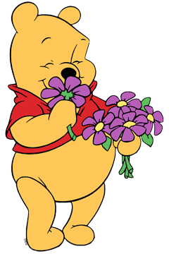 Winnie the Pooh smelling flowers