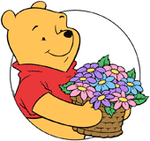 Winnie the Pooh carrying a basket of flowers