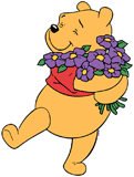 Winnie the Pooh hugging a bouquet of flowers