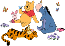 Winnie the Pooh, Eeyore, Tigger & Piglet surrounded by butterflies