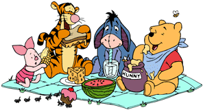 Winnie the Pooh, Eeyore, Tigger & Piglet having a picnic