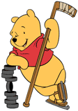 Winnie the Pooh leaning on a tower of hockey pucks with his hockey stick