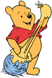 Winnie the Pooh smiling at a bee on his hand covered in honey