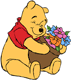 Winnie the Pooh hugging a honeypot full of flowers