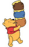 Winnie the Pooh carrying a tower of honeypots