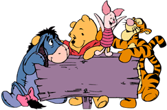 Winnie the Pooh, Tigger, Eeyore and Piglet standing around a wooden sign