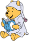 Winnie the Pooh reading a book in his nightgown