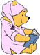 Winnie the Pooh reading a book in his nightshirt