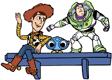 Woody, Buzz Lightyear and Lenny the Binoculars sitting on a shelf