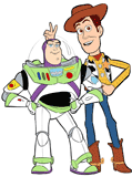 Woody photobombing Buzz with bunny ears