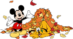 Mickey, Pluto playing in pile of leaves