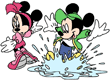 Young Mickey jumping in puddle, splashing Minnie