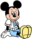 Young Mickey Mouse sitting down wearing a letter shirt