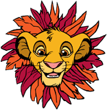 Simba's head through a mane of colorful leaves