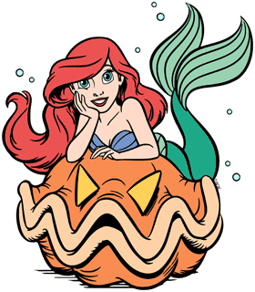 Ariel lying on a giant clam jack-o'-lantern