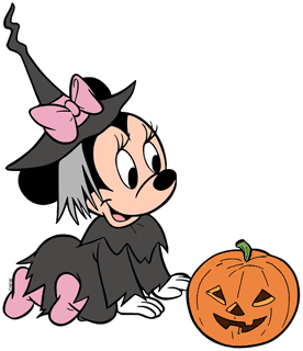Baby Minnie dressed as a witch with a jack o' lantern