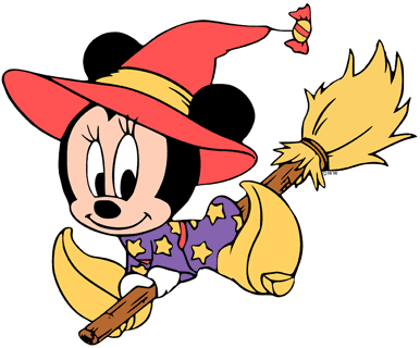 Baby Minnie Mouse as a witch on a broom