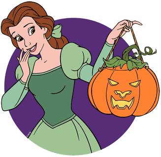 Belle holding a pumpkin carved to look like the Beast