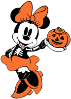 Classic Minnie Mouse dressed as a skeleton holding a jack-o'-lantern