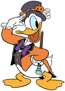 Donald Duck dressed up for Halloween with a jewelled cane