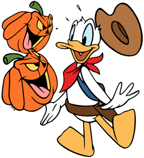 Donald Duck in a cowboy costume spooked by pumpkins