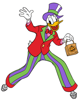 Donald Duck trick-or-treating on stilts