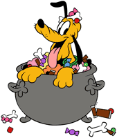 Pluto in a cauldron filled with candy
