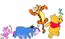 Pooh, Tigger, Piglet and Eeyore marching along with twigs