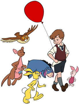 Christopher Robin walking with Eeyore, Owl, Rabbit, Piglet, Kanga and Roo