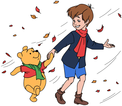 Christopher Robin walking with Winnie the Pooh among falling leaves