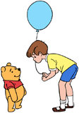 Christopher Robin talking to Winnie with a blue balloon
