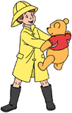 Christopher Robin holding Winnie the Pooh in his raincoat