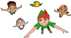 Jake, Peter Pan, Cubby, Izzy, Skully flying