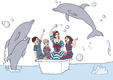 Mary Poppins, John, Georgie, Annabel in bathtub with dolphins