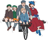 Mary Poppins, Jack, John, Annabel and Georgie on bicycle
