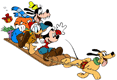 Donald Duck, Mickey Mouse, Goofy, Pluto sled