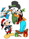 Donald, Mickey, Goofy building snowman