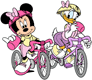 Minnie, Daisy riding bicycles