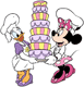 Minnie Mouse and Daisy Duck carrying a tiered cake
