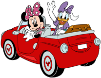 Minnie driving with Daisy in a red car