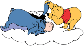 Winnie the Pooh whispering in Eeyore's ear on a cloud