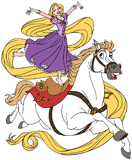 Rapunzel riding Maximus, standing on one foot on his back