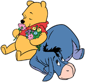Eeyore with Winnie the Pooh smelling flowers