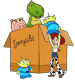 Aliens, Jessie, Hamm, Rex in moving box