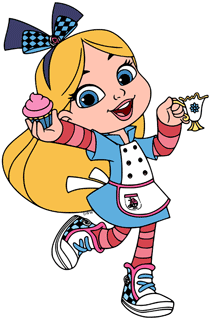 Alice holding a cupcake and a teacup