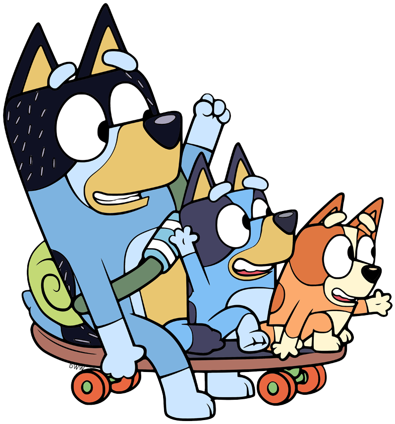 Bandit, Bluey and Bingo on a skateboard