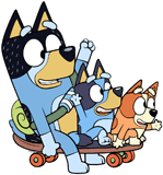 Bandit, Bluey and Bingo on a skateboard